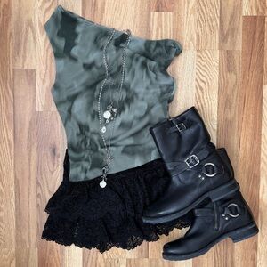 Stradivarius Green and Grey Floral Mesh One-Shoulder Ruched Top